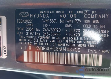 2022 Hyundai Palisade Sel из США, поврежденный, VIN KM8R4DHE8NU443706